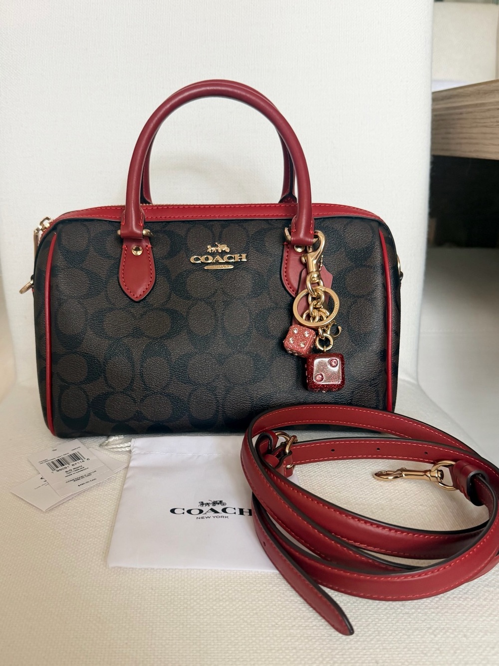 NWT Coach Rowan Satchel Signature Canvas Oxblood Red + $95 Dice Bag Charm Bundle